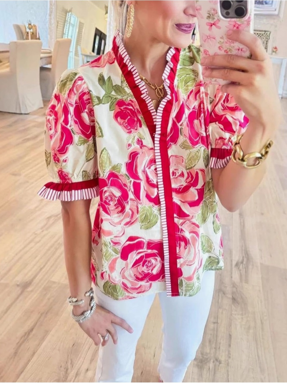 Amazon Floral Puff-Sleeve Blouse in Pink and Green